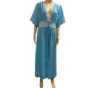 Vintage Blue Double Tie Waist Nightgown Dressing Gown Robe Maxi Length Womens L